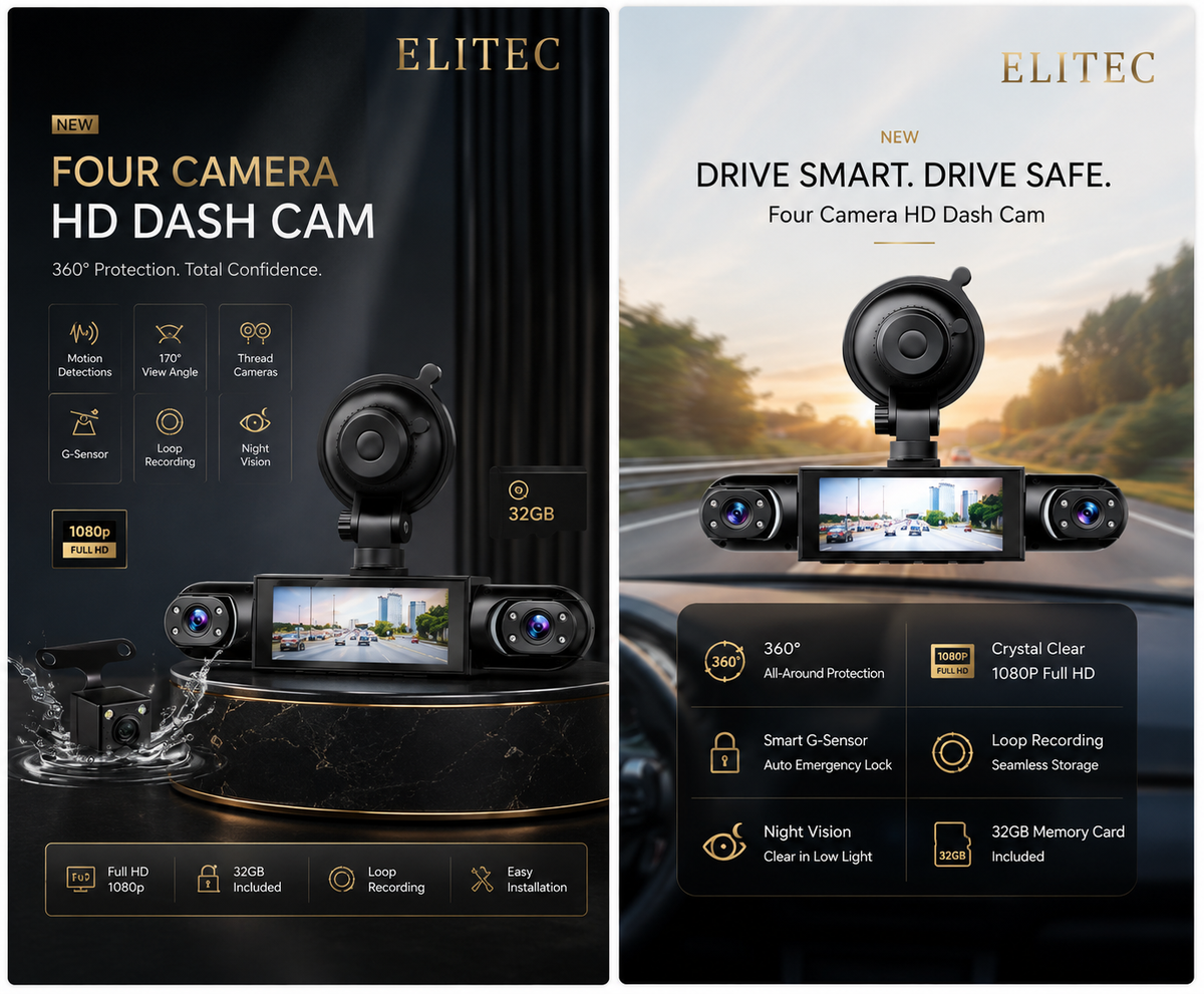 ELITEC 360° Quad Camera Dash Cam – Full HD Protection